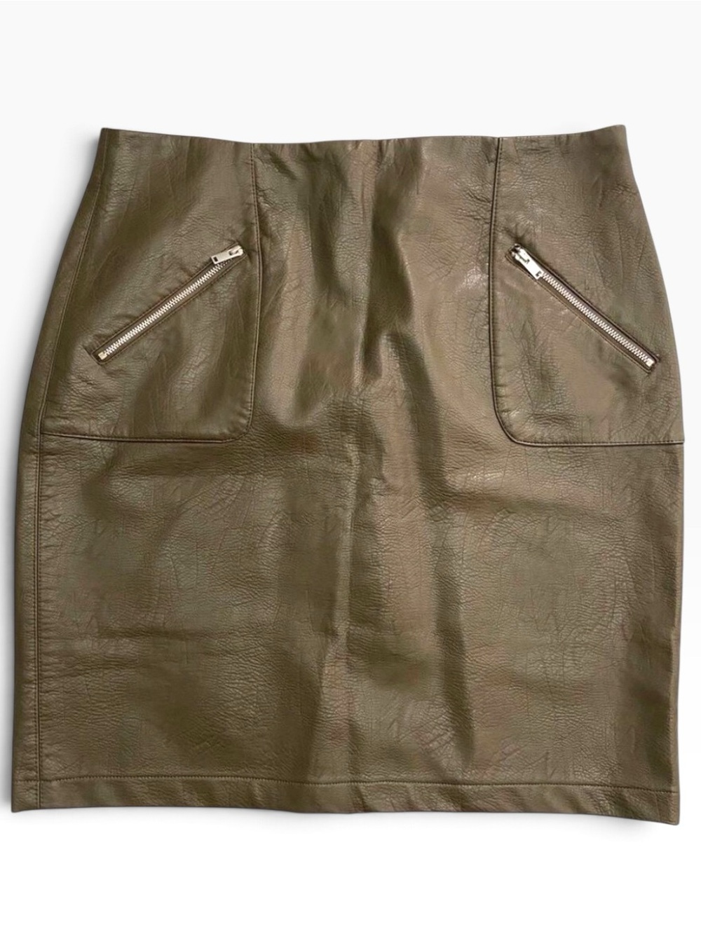 Zara faux leather pencil mini skirt neutral brown/kaki green flattering basic XL